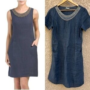 Lina Tomei Italian linen tank shift dress ribbed side panels beading‎ neckline S
